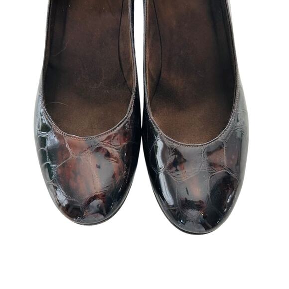 Stuart Weitzman Brown Wedge Tortoise Embossed Patent Leather Size 7.5 Round Toe - Picture 3 of 7